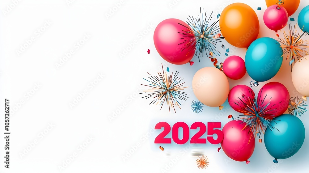 Fototapete Futuristic minimal line art design with 2025 text in a bold block font paired with party elements like fireworks and balloons  The open composition provides ample space for marketing text or overlays