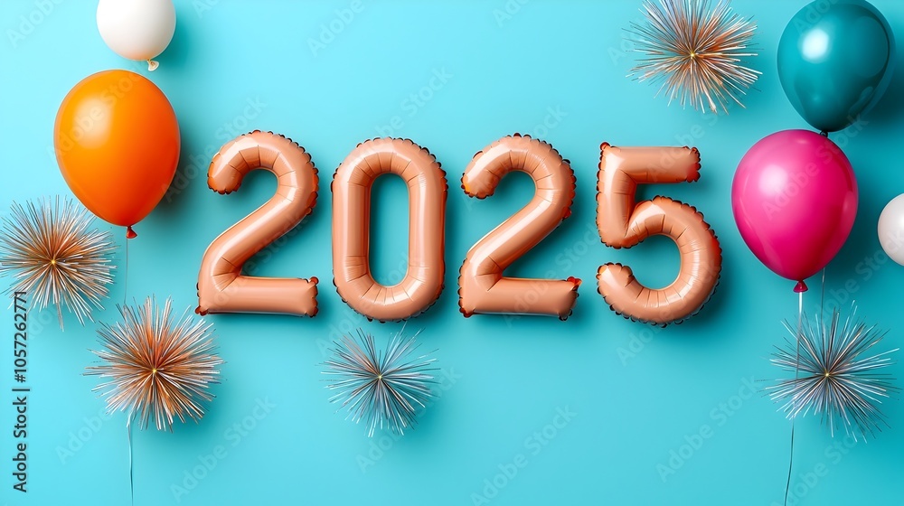 Aufkleber Futuristic New Year 2025 Countdown Design with Minimal Line Art of Colorful Fireworks and Party Balloons Leaving Open Areas for Marketing Text and Branding
