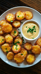 Obraz premium Fried mac and cheese bites topped with parsley served with a side of cheese sauce