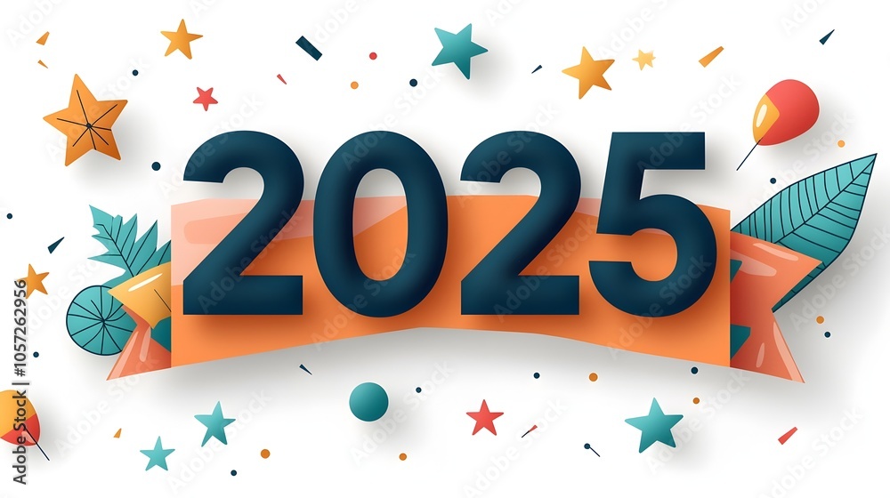 Poster striking contemporary graphic design featuring bold 2025 in a modern font accented by celebratory li