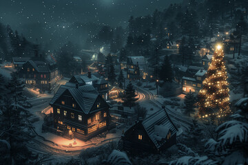 A high-resolution, cinematic photograph of a snowy village at night, with glowing lights in the windows of houses and a large decorated Christmas tree in the central square