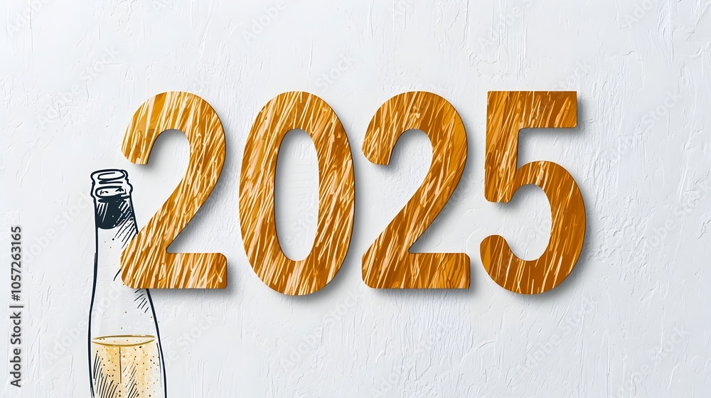 Poster Stylish and minimalist New Year 2025 backdrop design featuring a flowing handwritten style 2025 number integrated with a simple line art of a sparkling champagne bottle