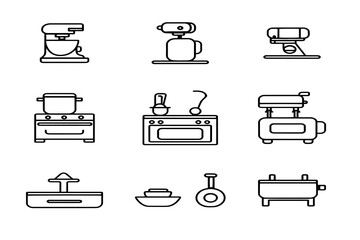 Kitchen Appliance Outline Icons Featuring Mixers, Blenders, and Coffee Machines for Home and Commercial Use.