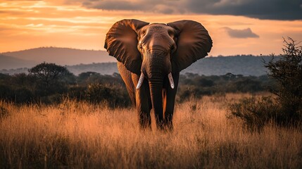 Obraz premium Majestic African elephant in golden grass during sunset.
