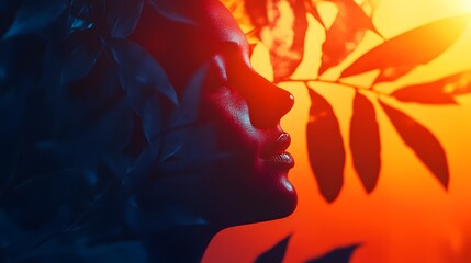 A serene female silhouette amidst leaves at sunset, capturing tranquility and beauty.
