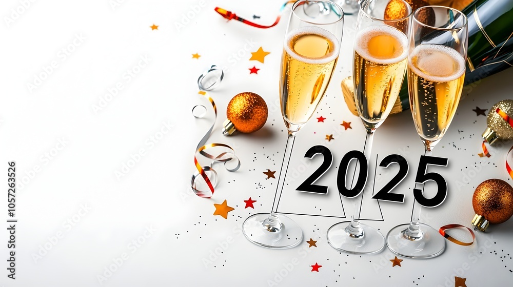 Aufkleber stylish geometric font design of the year 2025 enhanced with subtle line art of stars and streamers 