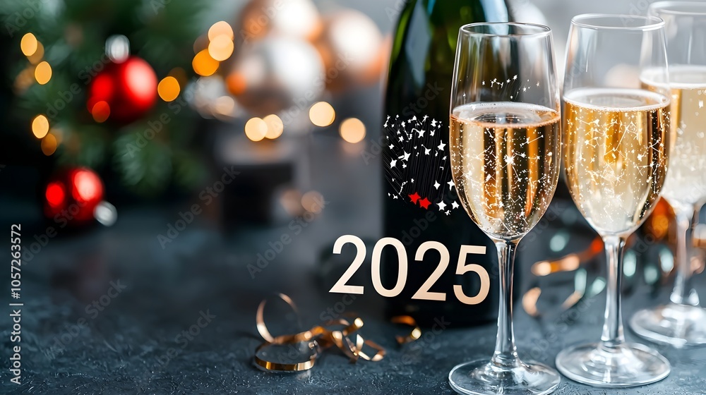 Aufkleber stylish geometric 2025 design with subtle star and streamer line art leaving blank space for promoti