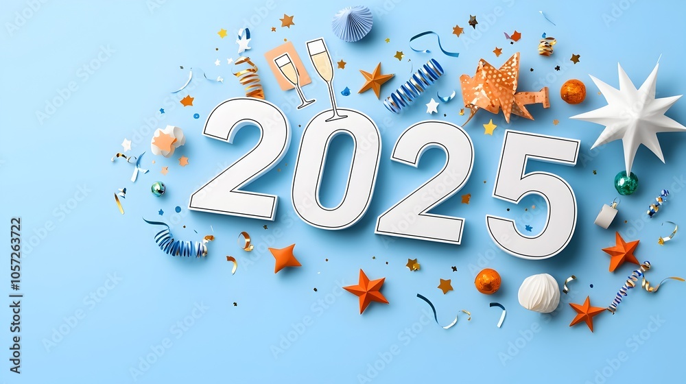 Poster vibrant geometric 2025 backdrop with line art of streamers stars and champagne glasses providing ope