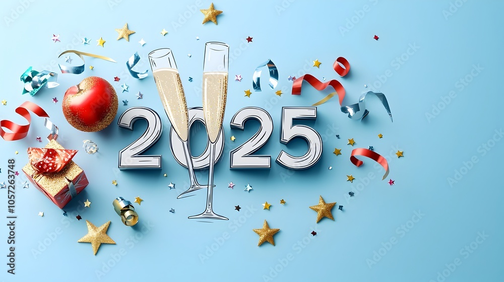 Leinwandbilder Minimalist and modern geometric 2025 background featuring abstract line art design with streamers stars and champagne glasses providing open space for advertisement copy or text overlay