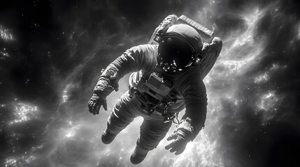 Fototapeta premium Astronaut floating in the vastness of space, surrounded by cosmic clouds.