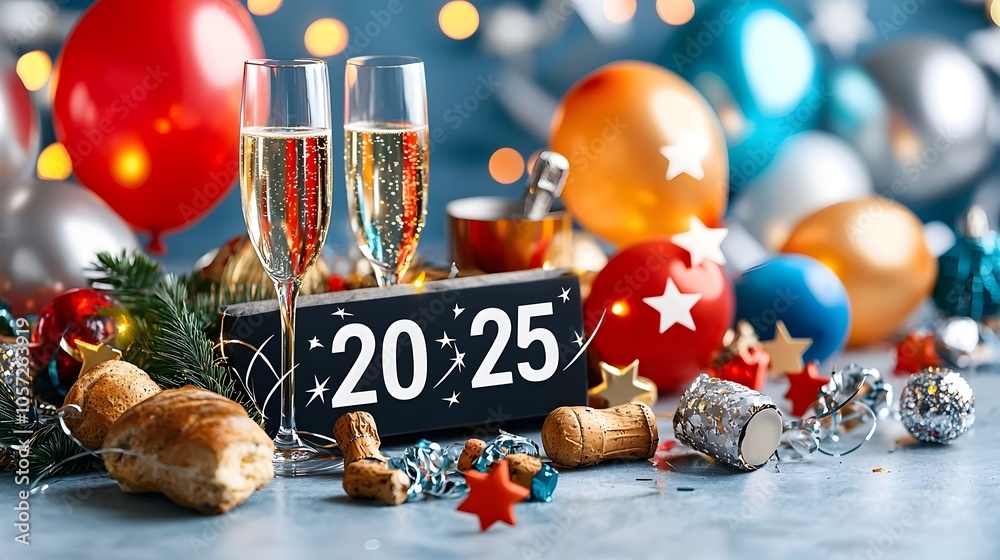 Aufkleber Minimalist and modern 2025 backdrop featuring a geometric numeric design with line art icons of champagne glasses stars balloons and streamers creating a stylish and contemporary party or event scene