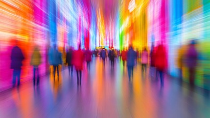 Fototapeta premium Colorful Blurred Motion, People Walking in a Dynamic, Modern Hallway, Abstract Urban Life and Energy