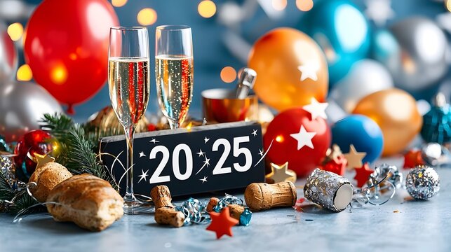 Minimalist and modern 2025 backdrop featuring a geometric numeric design with line art icons of champagne glasses stars balloons and streamers creating a stylish and contemporary party or event scene