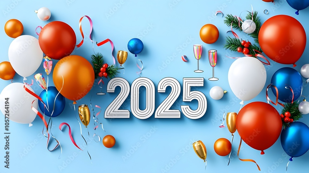 Aufkleber vibrant and modern featuring a bold 2025 text in a geometric font surrounded by a playful arrangemen