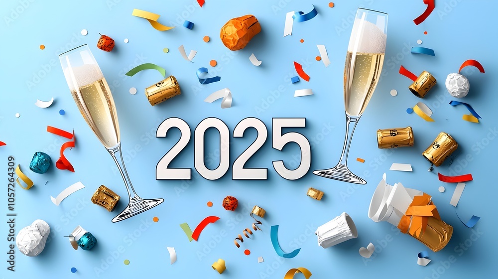 Poster Sleek and modern 2025 design featuring a geometric font treatment for the year complemented by minimalist line art of champagne glasses and party streamers