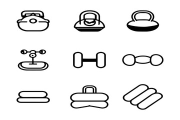 Set of Simple Black and White Line Icons for Gym and Fitness Equipment Including Weights and Kettlebells.