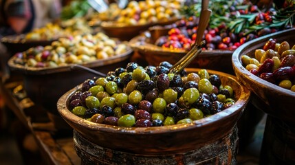 Heaping bowl of Italian olives in different varieties, drizzled with olive oil, on a rustic market table