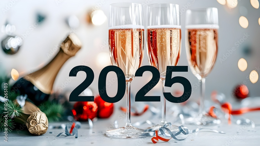 Aufkleber Stylish and modern 2025 design in a sharp geometric font featuring minimalist line art of champagne glasses stars and streamers
