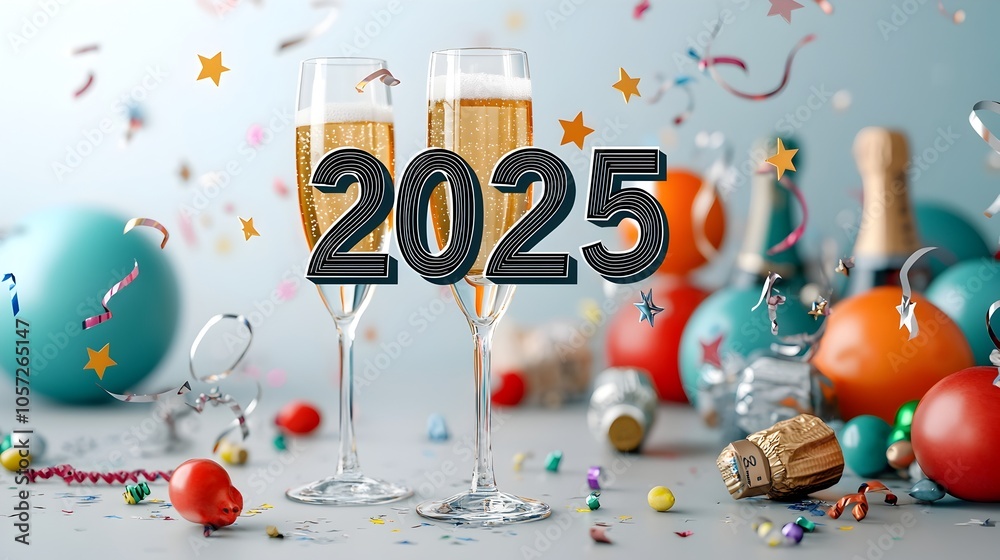 Aufkleber Stylish minimalist line art design featuring the numbers  2025  in a sharp geometric font with champagne glasses stars and streamers for a modern and elegant event advertising or backdrop