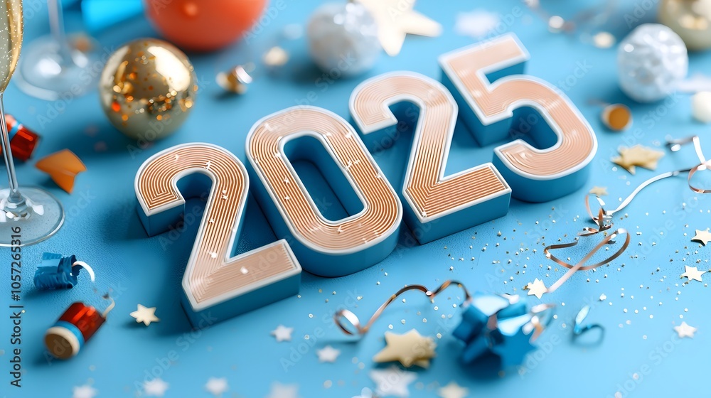 Poster futuristic geometric design featuring the text 2025 in a sleek modern font accented by vibrant line 
