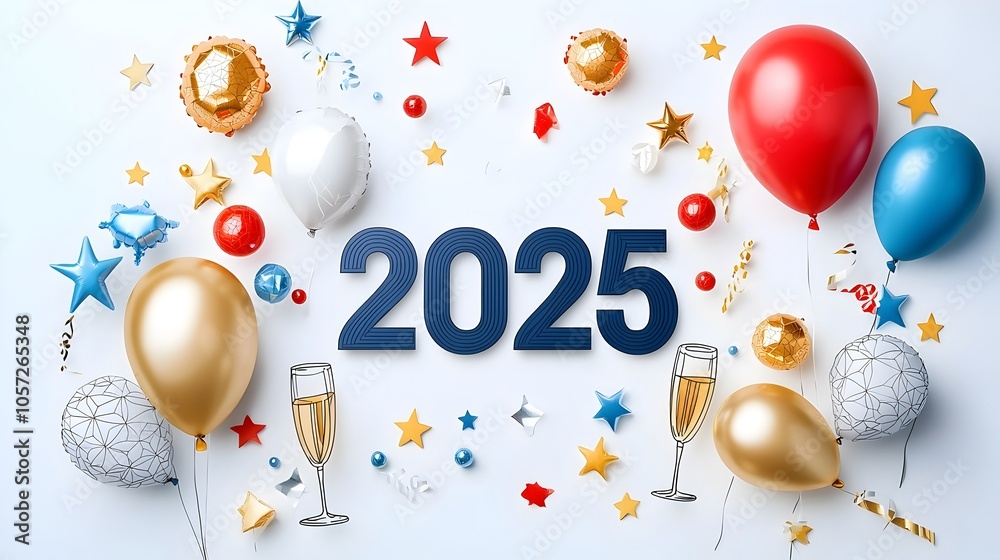 Aufkleber stylish and modern geometric 2025 anniversary background with minimal line art of stars balloons and