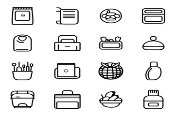 Set of Kitchen and Cooking Vector Icons Including Toaster, Bread Basket, Cutlery, and Food Items.