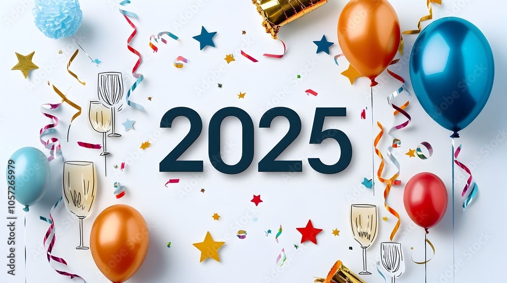 Poster bold 2025 in a geometric font surrounded by minimalist line art of streamers champagne glasses stars