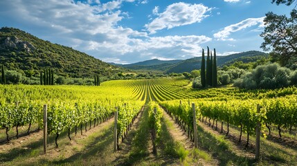 Naklejka premium Lush green vineyard landscape under a blue sky with scattered clouds.