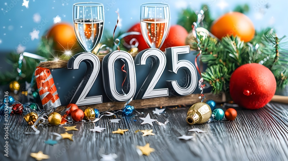 Aufkleber sleek modern geometric font design for the year 2025 accented by simple line art of champagne glasse