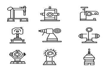 Line Art Illustrations of Industrial Machinery and Tools for Engineering and Manufacturing Design Projects.