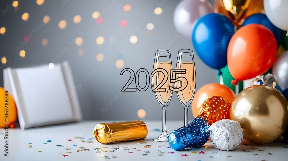 Aufkleber Sleek and modern geometric design featuring the text 2025 in a clean typographic style complemented by minimalist line art of stars champagne glasses and balloons