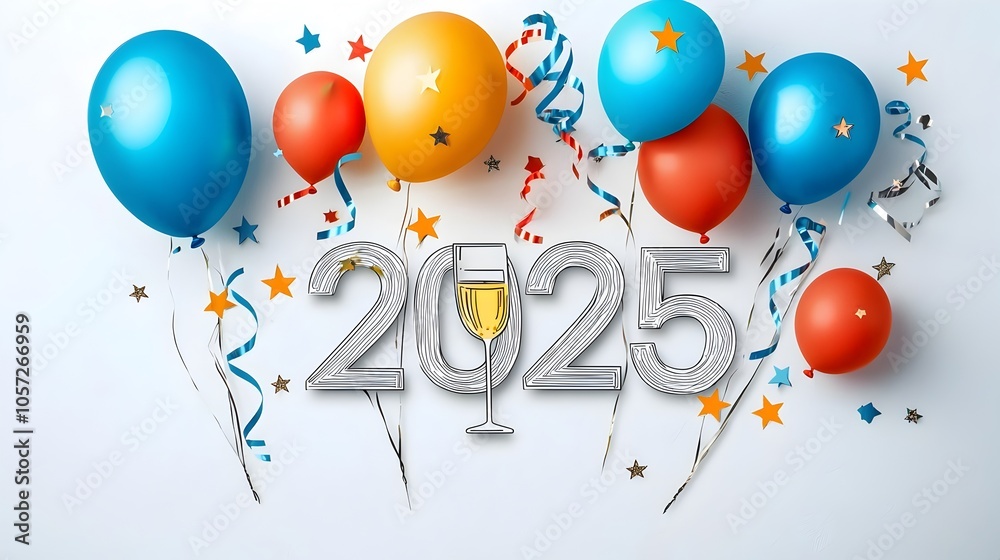 Aufkleber minimalist and geometric design featuring the year 2025 accented by celebratory elements like stars 