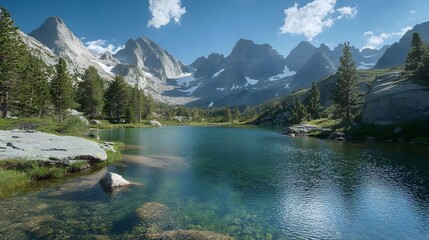 Scenic view of a tranquil lake surrounded by majestic mountains and pine trees.
