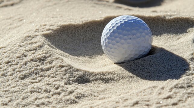 Close-up of a golf ball in a sand bunker, with shadows from the afternoon sun