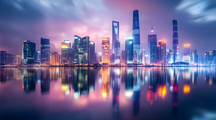 Fototapeta premium Vibrant city skyline reflecting on water at dusk with colorful lights.