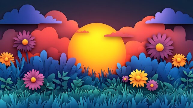 Pastel March landscape, blooming garden, watercolor papercut style