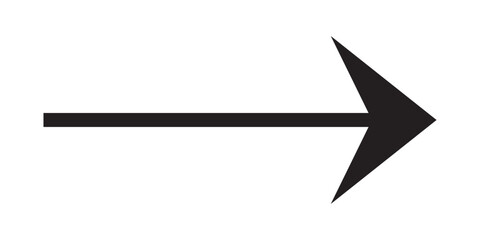 Long arrow vector icon. Thin black arrow pointing right. Graphic illustration for direction symbols. Isolated design element. Long, straight-line arrow icon in white background. Vector Illustration. 
