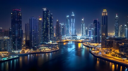 Stunning night skyline view of a modern city with skyscrapers reflecting in the water.