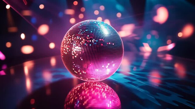 A disco ball sits on a reflective surface, surrounded by colorful lights