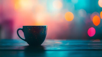 A blue coffee cup sits on a wooden table against a colorful bokeh background.