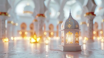 Obraz premium A white lantern, lit, sits on a light-colored floor in a beautiful, white mosque-like building.