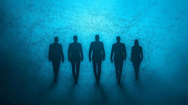 Silhouetted figures in business attire stand together against a blue background, symbolizing teamwork and collaboration in a modern setting.