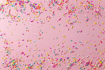 A flat lay of colorful sprinkles on a pink background, creating an attractive and playful pattern for an ice cream shop's branding material.