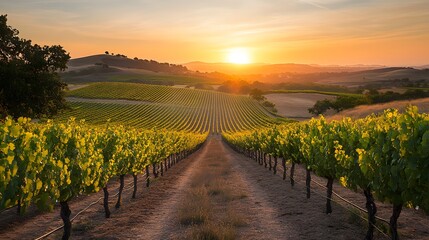 Fototapeta premium Stunning sunset over lush vineyard rows in a serene landscape.