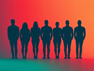 Silhouettes of diverse individuals stand against a vibrant gradient background, showcasing unity and diversity in a creative format.