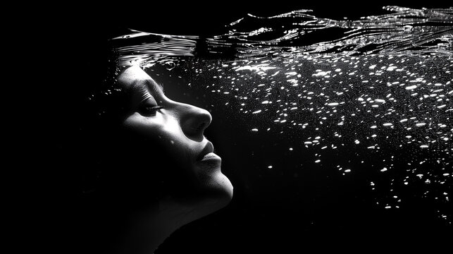 Retrato art&iacute;stico en blanco y negro de mujer bajo el agua