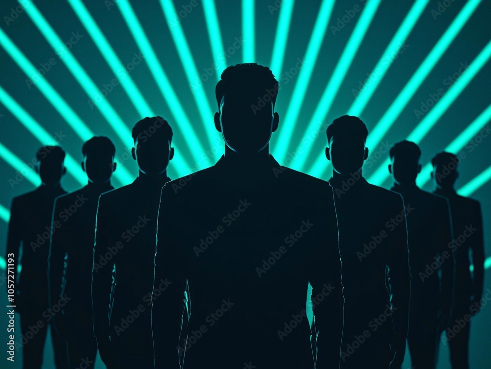 Poster silhouettes of multiple figures against a vibrant backdrop, creating a striking visual effect with r