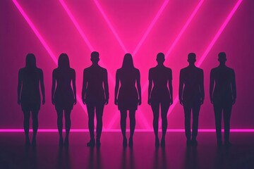 Silhouettes of individuals stand under vibrant pink laser lights, creating a striking visual contrast in a modern atmosphere.