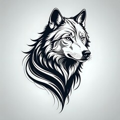 Wolf head in black and white with long fur.