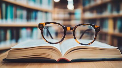 Glasses resting on an open book in a library, capturing the essence of reading and knowledge exploration in a cozy setting